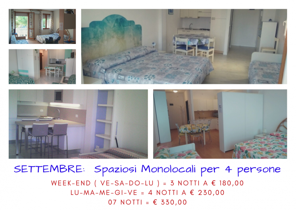 OFFERTA SPAZIOSI MONOLOCALI PER MAX 4 PERSONE A SETTEMBRE - agenzia ATLANTIDE